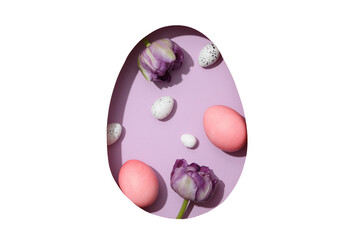 PNG, Easter, purple egg cut out of paper, with flowers and eggs, isolated on white background