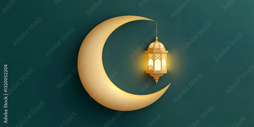 Poster 3d render of illuminated crescent moon with hanging lantern against teal background
