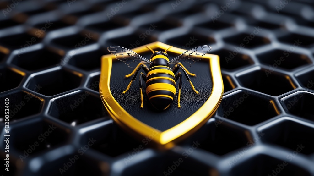 Poster bee resting on military badge symbolizing courage and strength in an artistic 3d rendering