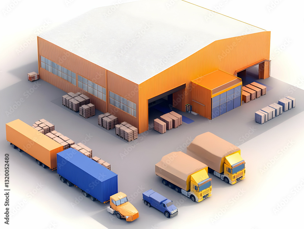 Poster 3d rendering of orange warehouse with trucks loading and unloading goods, illustrating efficient log