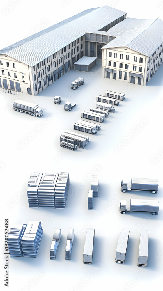 Poster 3d render of a large warehouse with various trucks and cargo, depicting efficient logistics and dist