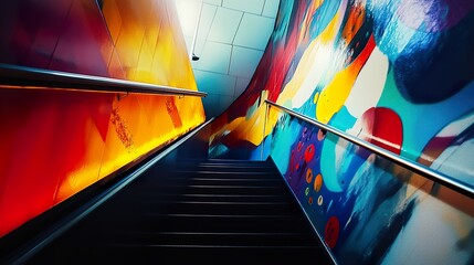 Vibrant Abstract Stairwell Mural: Urban Art and Architecture