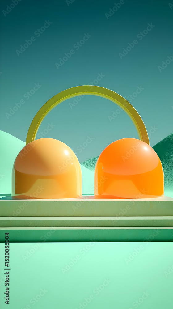 Poster abstract 3d render: two spheres resting on a platform underneath a golden arch, set against a teal b