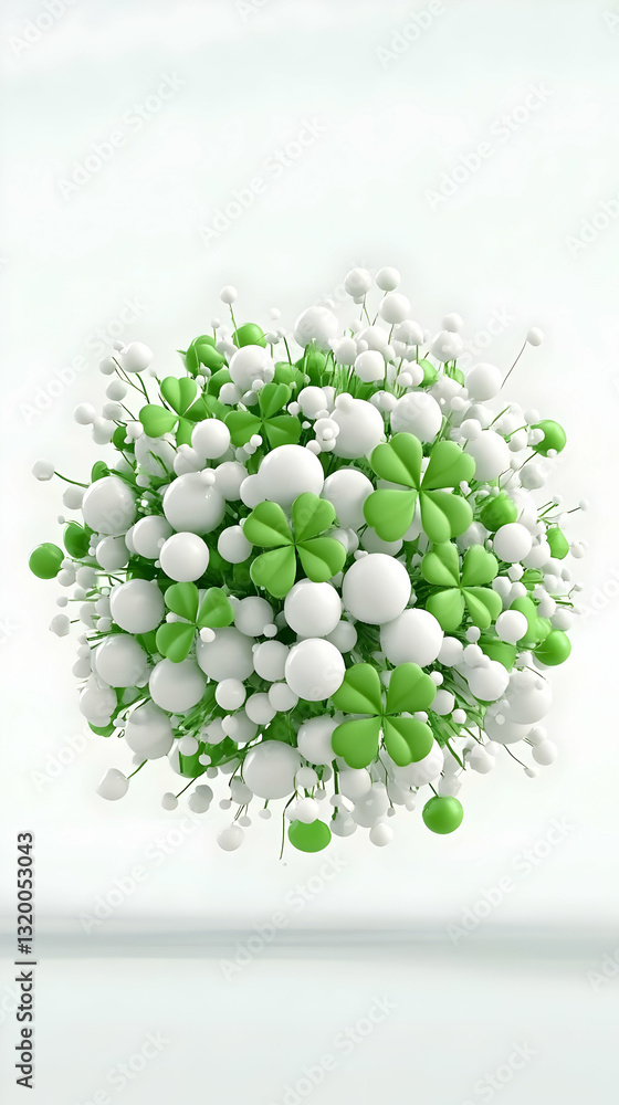 Poster 3d render of abstract sphere with white and green clover elements, creating a festive and springlike