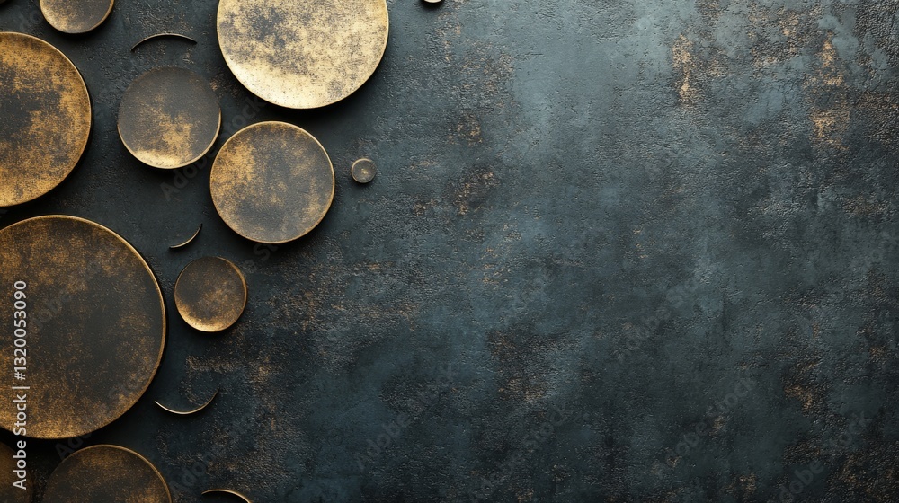 Poster golden and dark abstract circles on textured backdrop surface