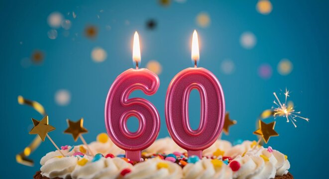 Festive sixtieth birthday cake with burning candles and party decorations ,AI generated