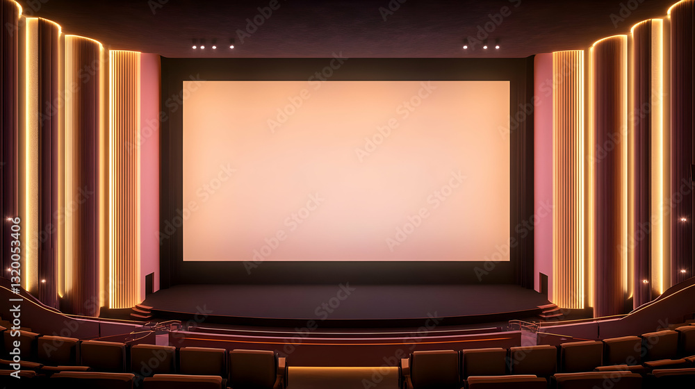 Poster 3d render of empty cinema auditorium with illuminated walls and a large screen