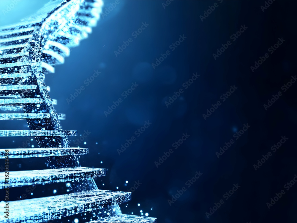 Aufkleber abstract 3d rendering of a glowing blue spiral staircase ascending into a dark background with spark
