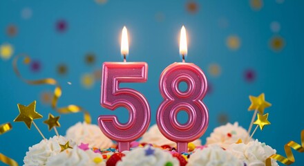 Celebration cake with number candles for 58th birthday party event ,AI generated