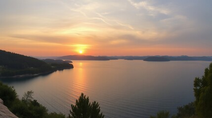 Serene Sunset Over Tranquil Lake with Rolling Hills and Reflective Waters