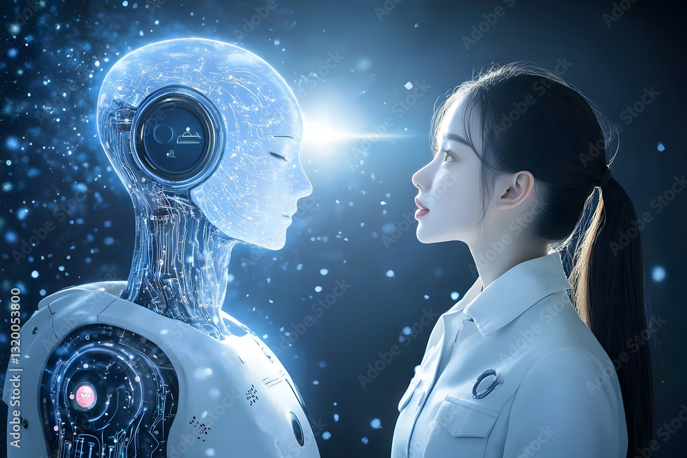 Poster futuristic digital art: woman gazes at a translucent ai robot in a blue, sparkly background, creatin
