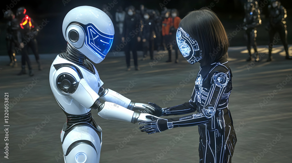 Poster futuristic robots shake hands in a cyberpunk setting, a 3d rendered illustration of a technological 