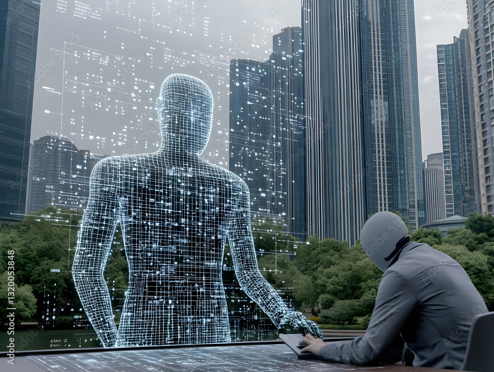 Poster digital humanoid interacting with futuristic interface in urban setting; abstract 3d wireframe model