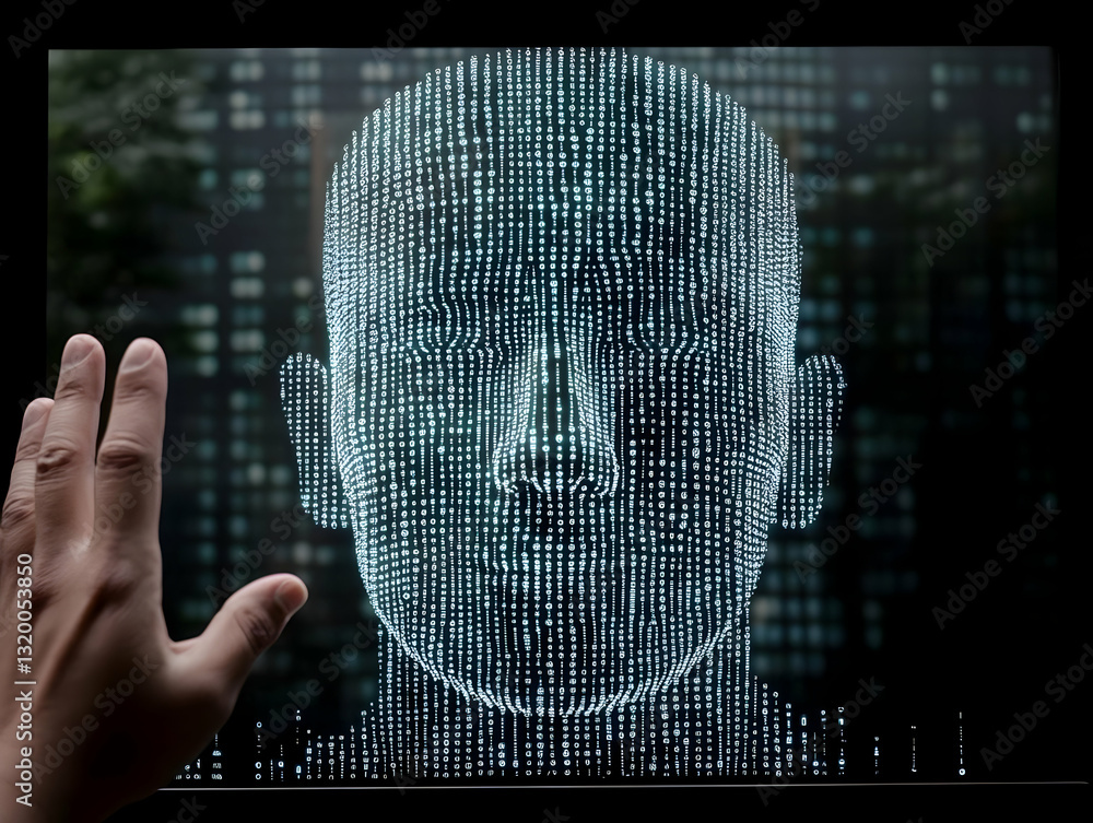 Aufkleber digital human head composed of data streams on a screen, interacted with by a hand, futuristic techn
