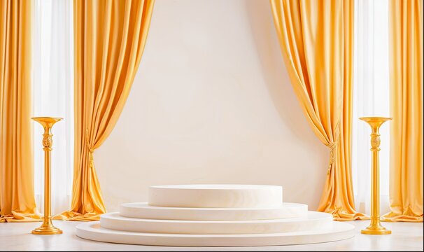 a gold fabric draping over a white podium a marble circle and a white podium,  luxury, elegant, product display