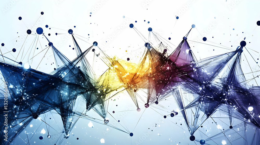 Poster abstract 3d network of interconnected colorful stars, lines, and nodes forming a complex system