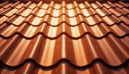 close-up shot of sunlit brown roof tiles, showcasing their texture and warm tones. ideal for architectural, construction, or real estate projects.