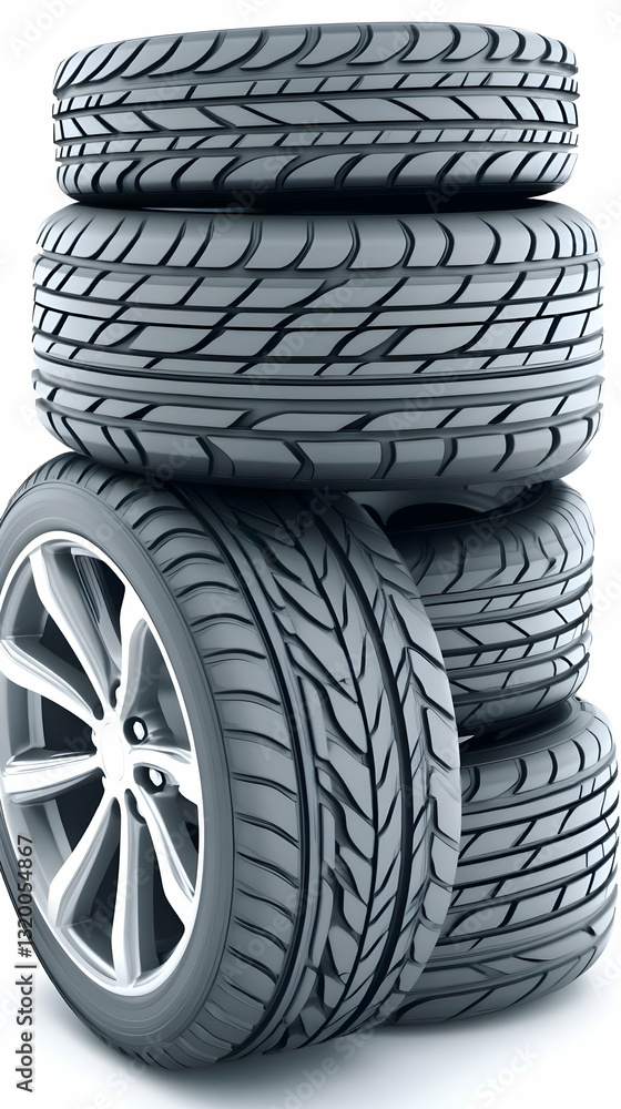 Poster 3d rendering of a stack of four car tires with detailed tread patterns and a silver alloy wheel visi