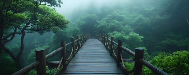 Fototapeta premium Misty forest bridge path. Nature scene