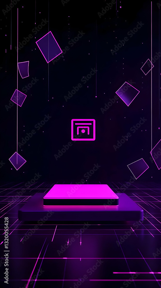 Poster abstract 3d background with glowing purple platform and floating squares, futuristic digital design