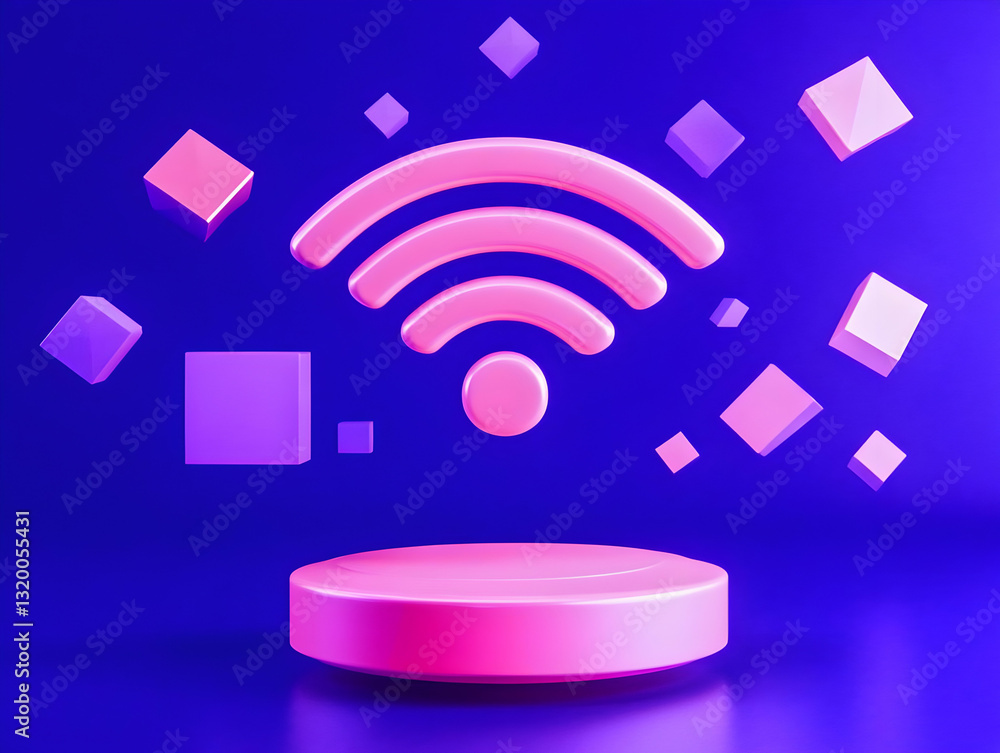 Aufkleber 3d render of pink wifi symbol above platform with floating geometric shapes on blue background