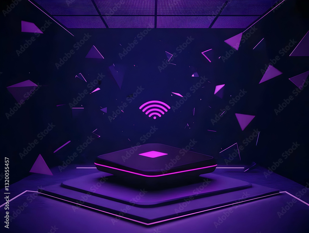 Poster abstract 3d rendering of a dark purple futuristic device with a wifi symbol, floating geometric shap