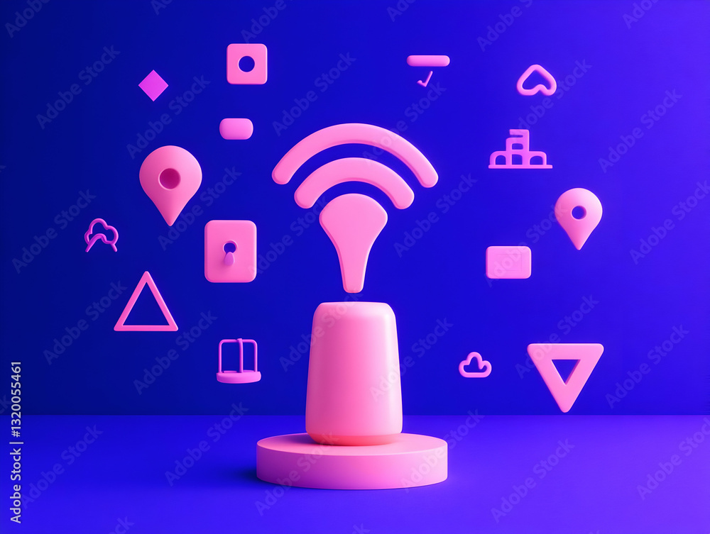 Poster 3d render of pink smart home device with wireless signal and geometric shapes on blue background