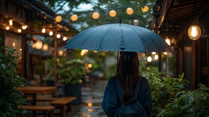Naklejka premium Woman Walking in Rain at Night City Street