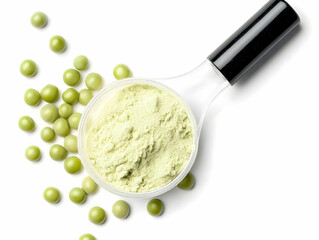 Overhead View of Green Pea Powder in a Scoop with Fresh Peas Scattered Around on White Background