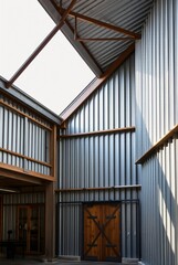 Obraz premium Modern Industrial Architecture with Exposed Metal and Wooden Elements in a Spacious Interior