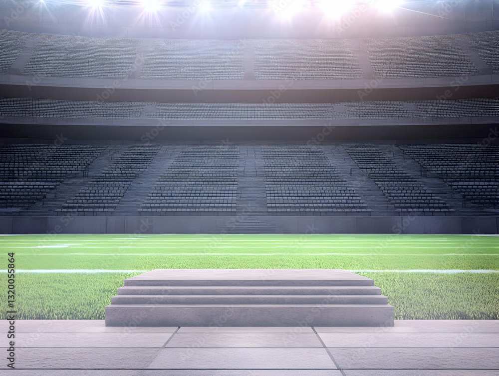 Poster 3d render of empty stadium with concrete steps on grass field