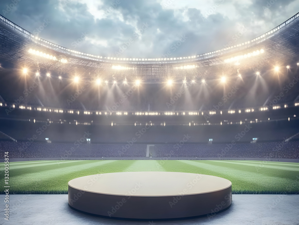 Poster 3d render of empty podium in illuminated stadium with green field