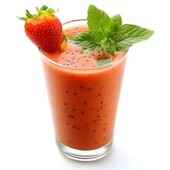 Smooth and creamy drink garnished with a fresh strawberry on top for a deliciously nutritious experience isolated on white background