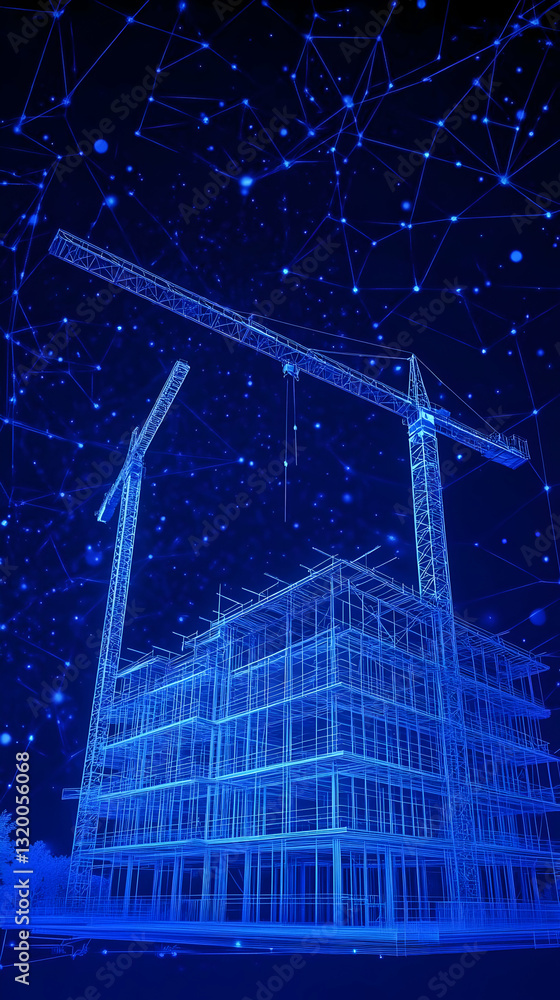 Poster 3d wireframe model of building under construction with cranes and network connections