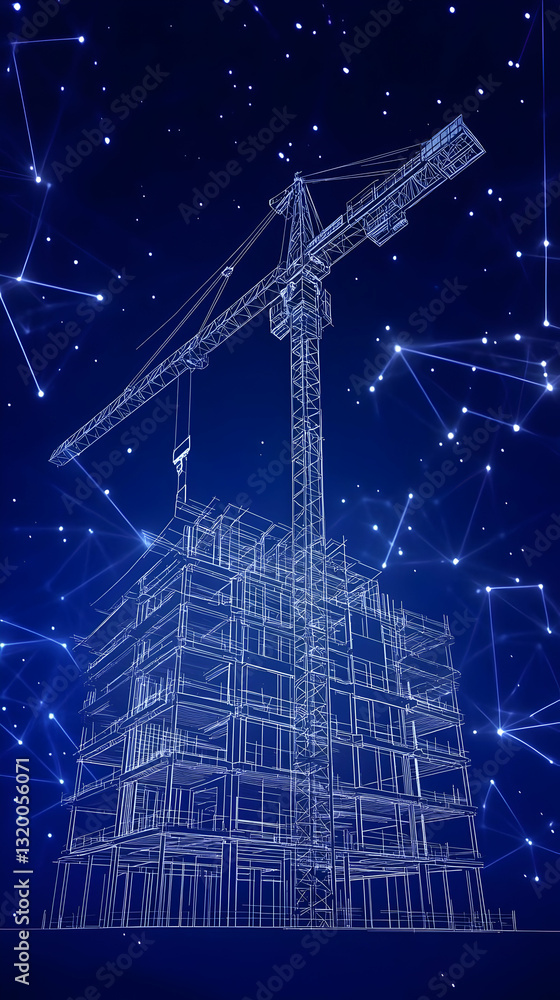 Poster 3d wireframe model of a building under construction with a crane, digital abstract background illust