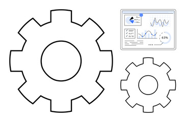 Large and small gears beside a digital dashboard with graphs and metrics, portraying teamwork, efficiency, workflow, improvement, technology, strategy. Ideal for business, analytics automation