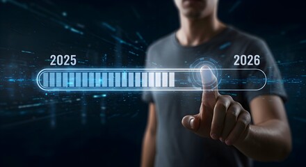 New year's start up, start new business and new life, Planning, opportunity, challenge and business strategy in new year 2026. Businessman touching status bar to change from 2025 to 2026