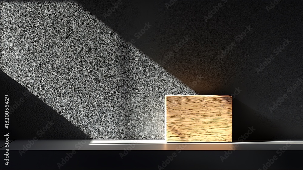 Poster wooden block on shelf with sunlight shadow