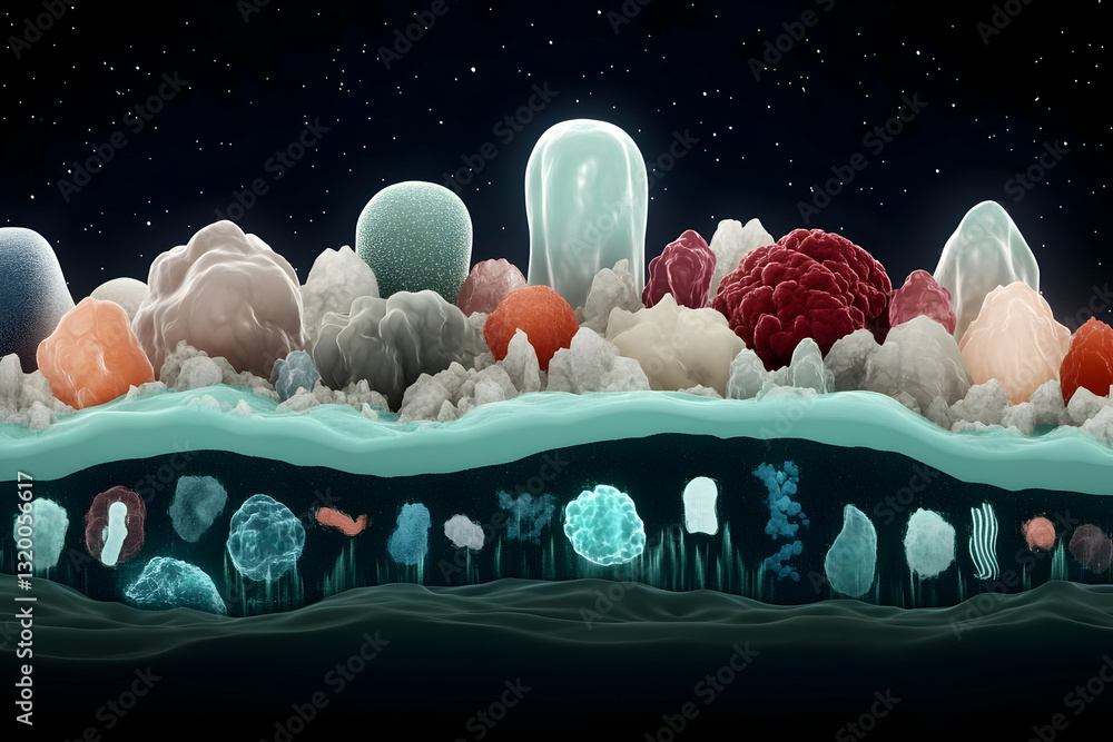 Poster 3d render of abstract cellular structures: a microscopic landscape of varied shapes and colors, illu