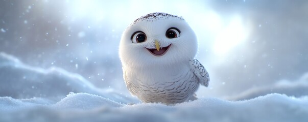 Obraz premium A Cute Smiling Animated Snowy Owl Bird Stands in the Snow