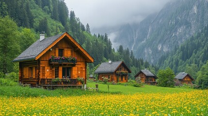 Alpine Village Houses Amidst Blooming Meadow