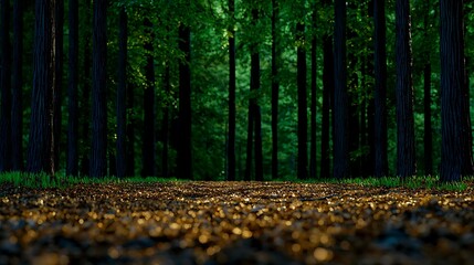 Fototapeta premium Serene forest pathway illuminated by sunlight filtering through lush green trees