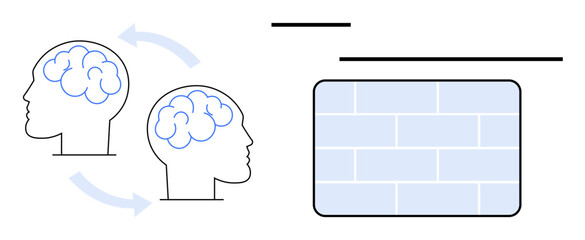 Two heads with visible brains connected by arrows, facing a brick wall. Ideal for creativity, problem-solving, mental challenges, brainstorming, learning obstacles, innovation, abstract thinking