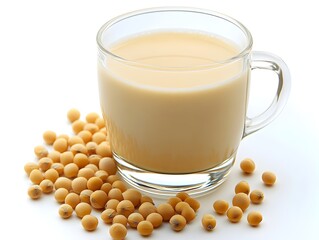 Refreshing glass of soy milk surrounded by a bounty of fresh chickpeas on a bright white background ideal for nutrition