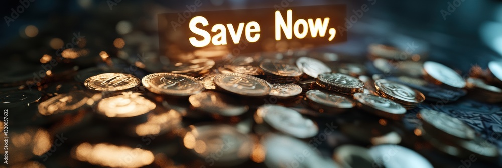 Poster golden coins and banknotes with illuminated save now message for financial motivation and savings aw
