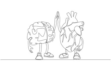 Continuous one line drawing of brain and heart character making high five gesture, brain-heart connection, relationship between mental and physical health concept, single line art