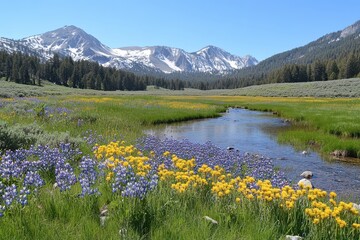 Scenic Mountain Landscape with Colorful Wildflowers and Stream