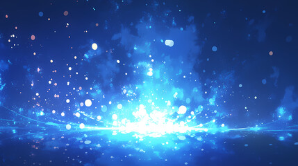 Fototapeta premium Ethereal blue light burst with sparkling particles against a cosmic backdrop, creating a serene atmosphere
