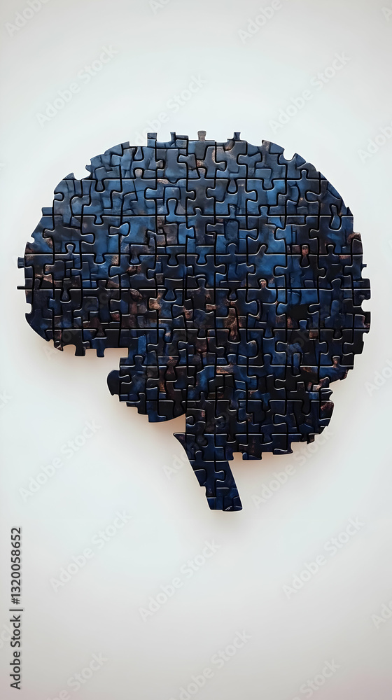 Poster 3d render of a brain puzzle: intricate jigsaw representing complex thought processes, abstract backg