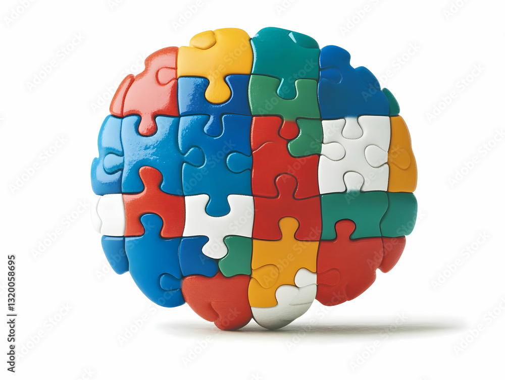 Poster colorful 3d puzzle pieces forming a sphere, illustrating connection and unity